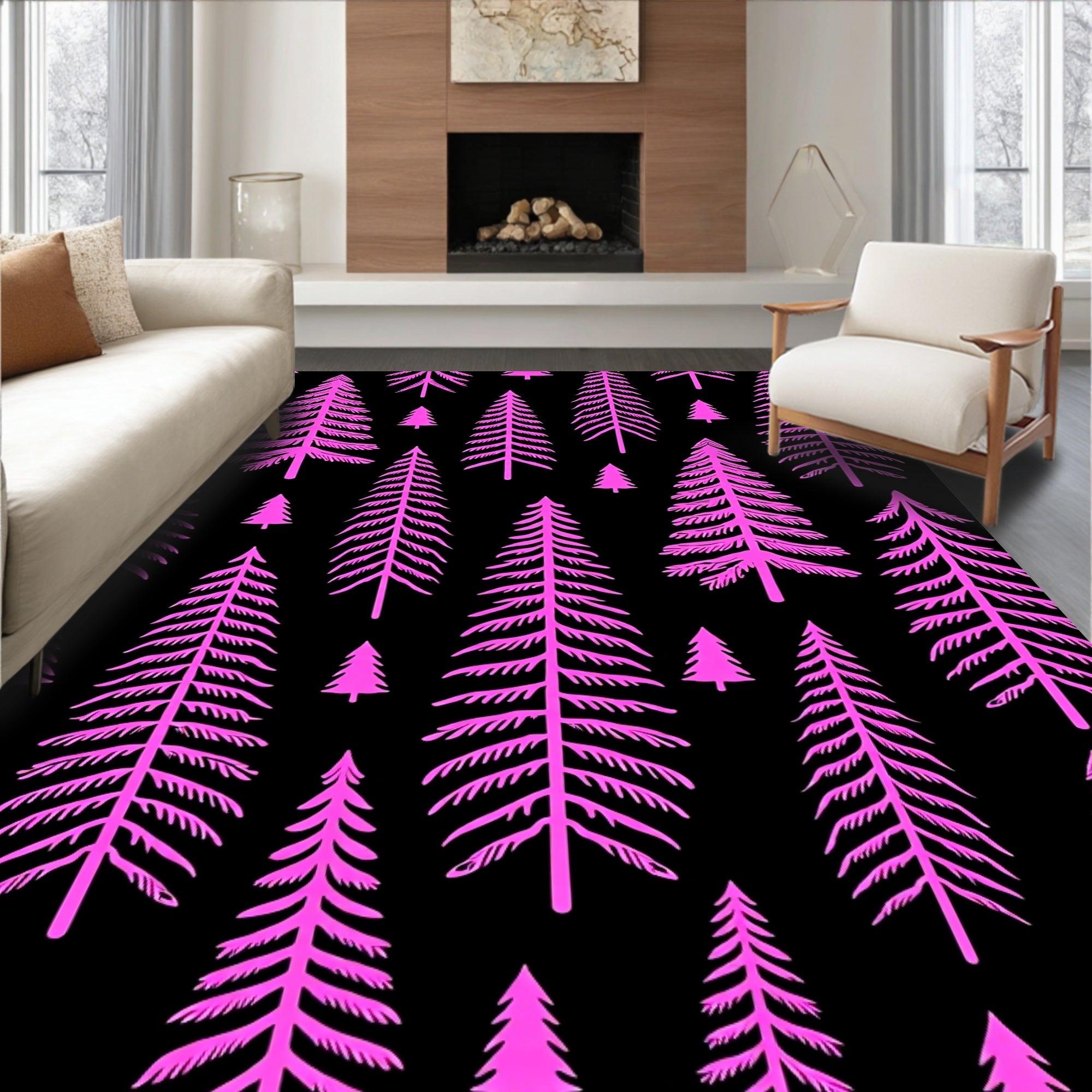 Vibrant Pink Evergreen Forest Pattern Rug