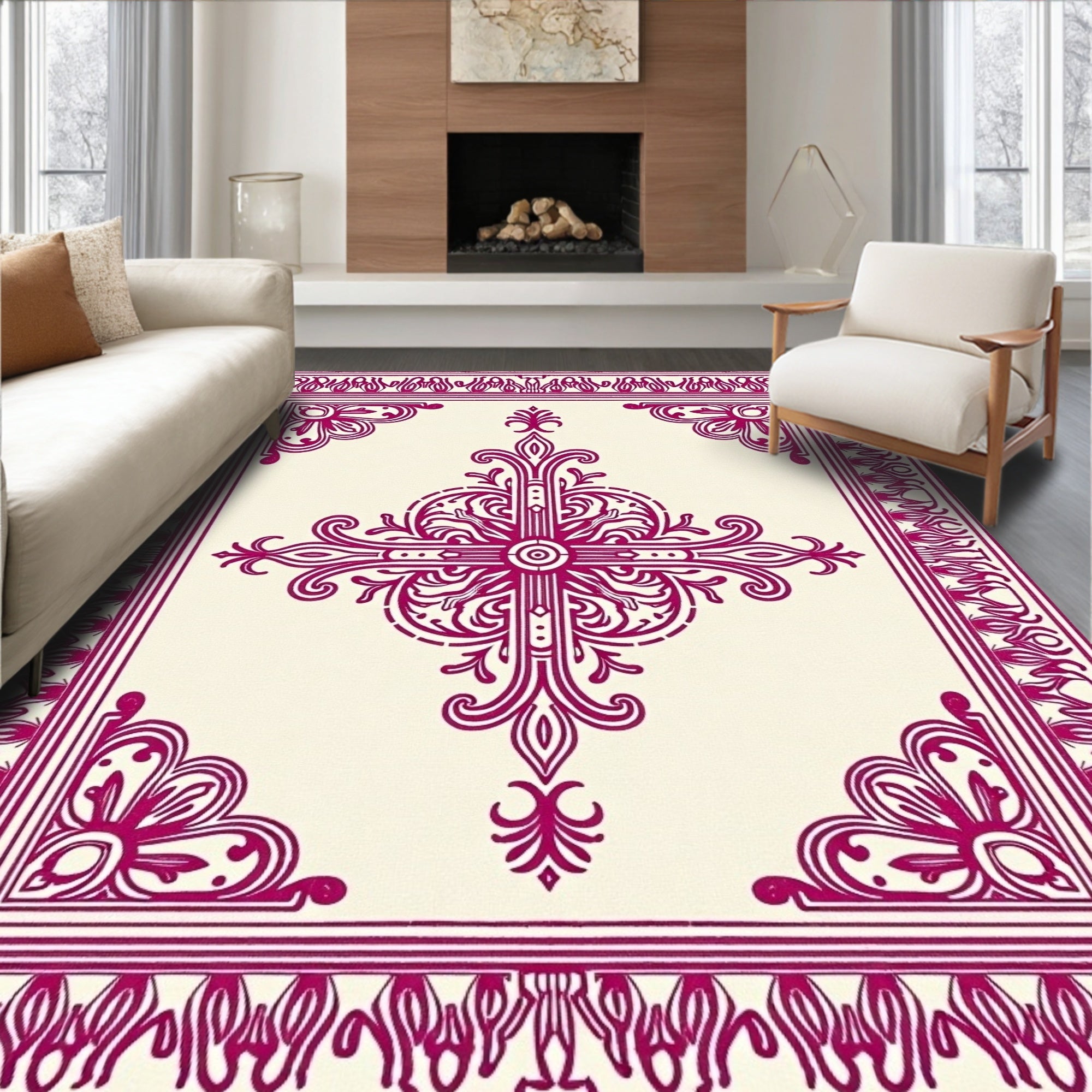 Deep Magenta Floral Sunburst Frame Rug