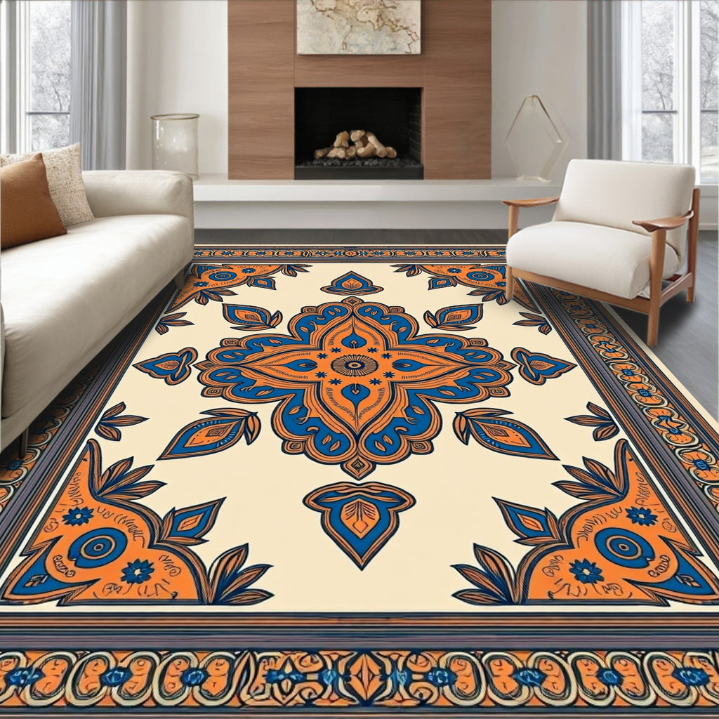 Grand Orange Blue Medallion Border Rug