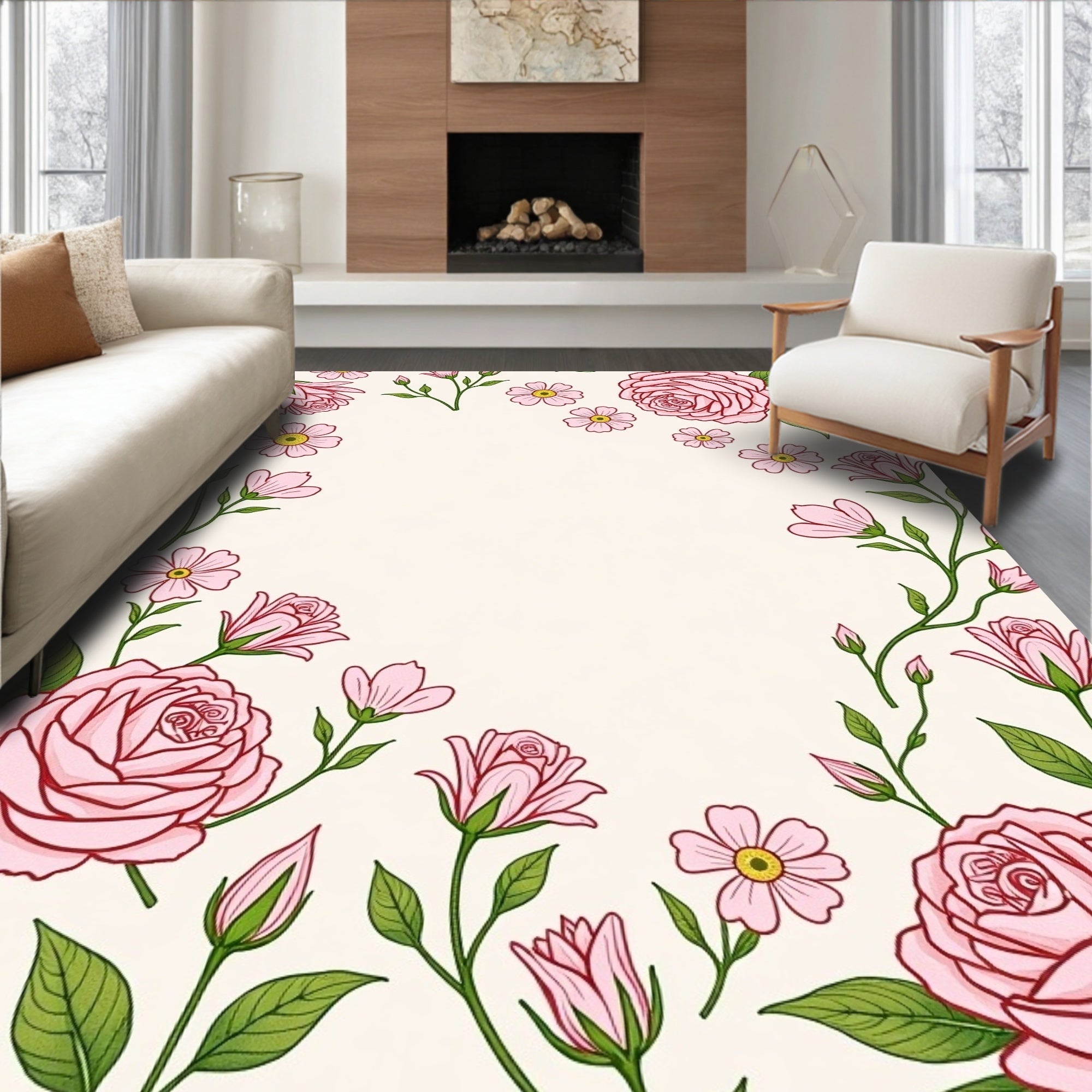 Whimsical Pink Floral Garden Frame Rug