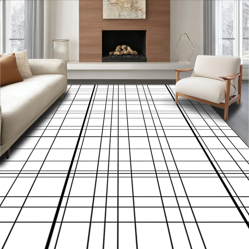 Classic Black White Grid Lines Rug