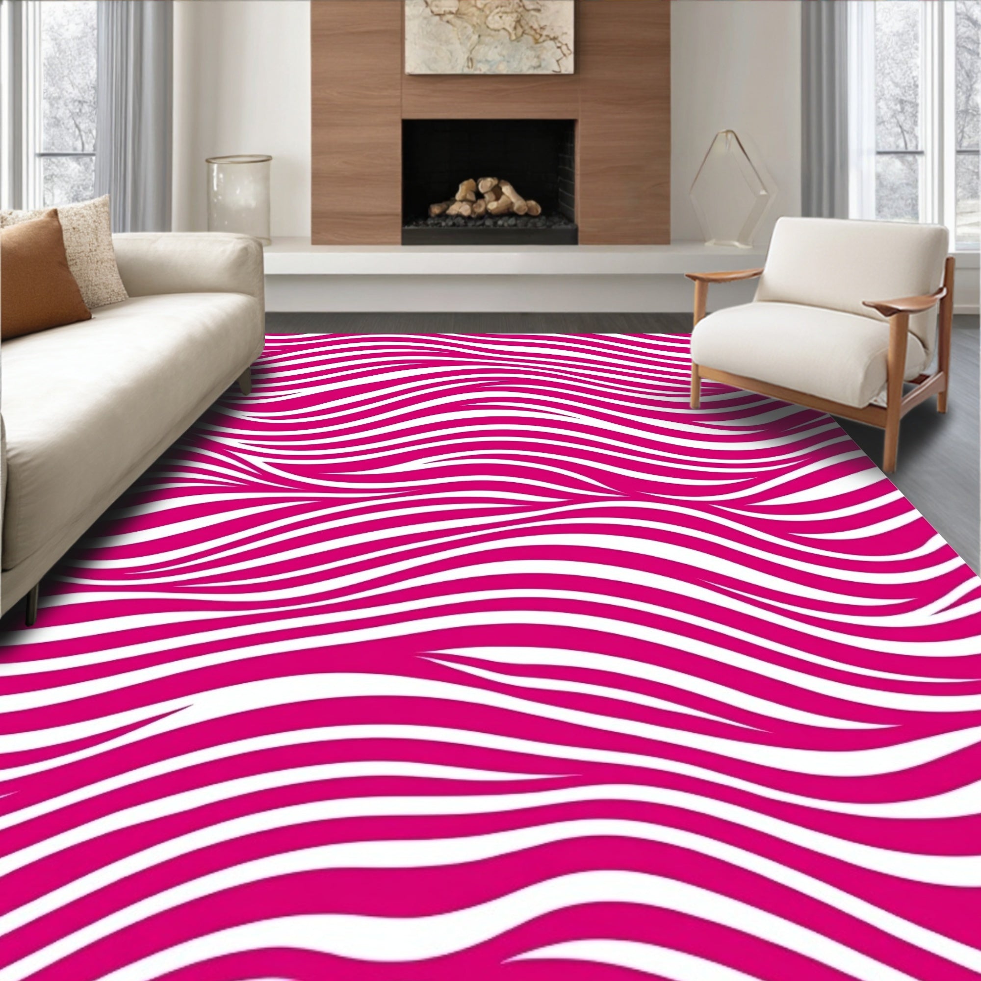 Vibrant Pink White Wavy Stripes Rug
