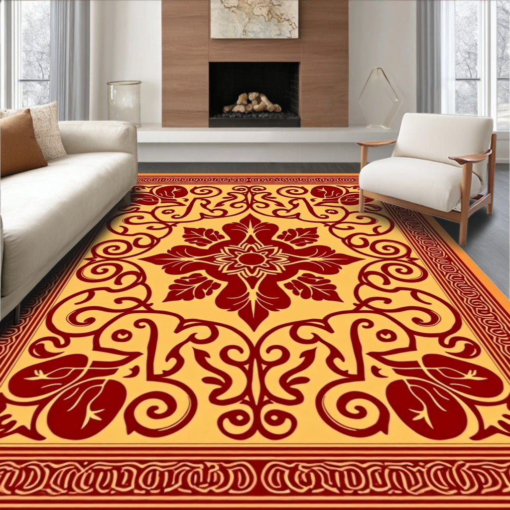 Crimson Floral Scrollwork Amber Rug