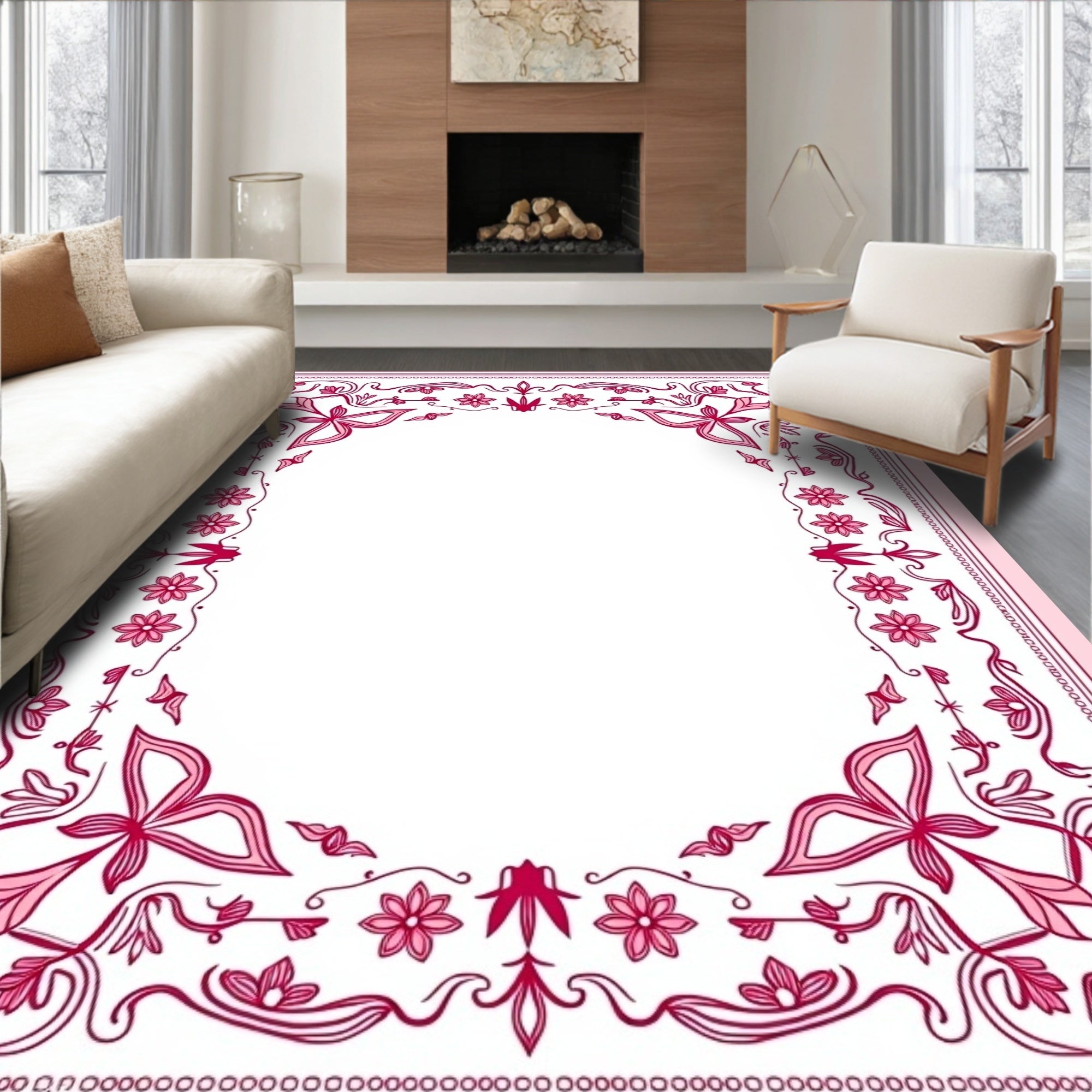 Fuchsia Floral Swirl Border Rug