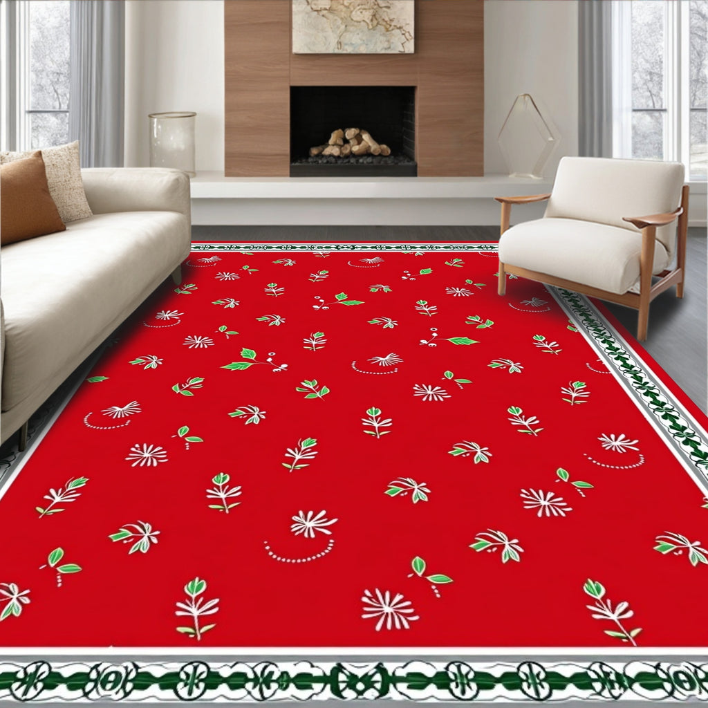 Delicate Red Foliage Floral Border Rug