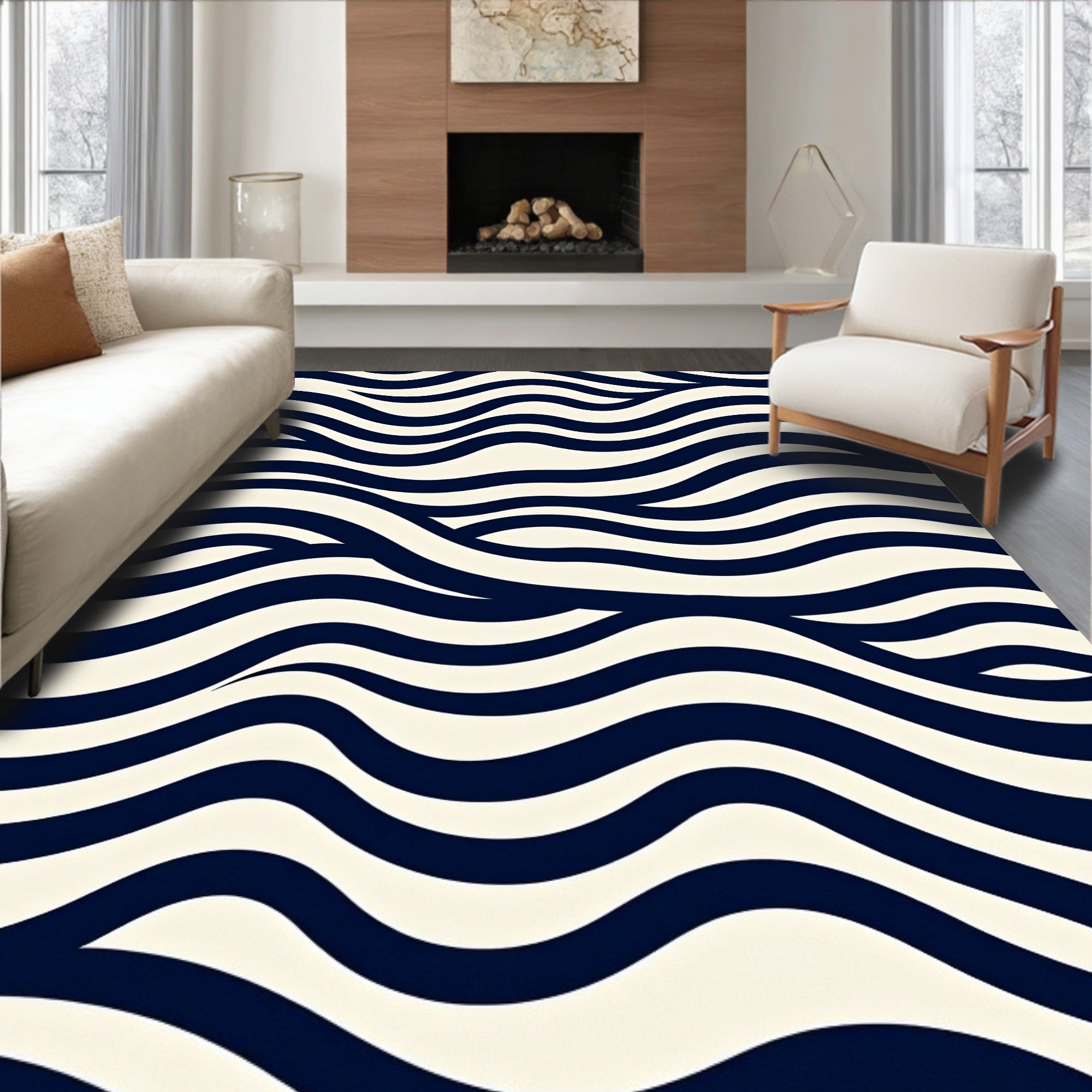Deep Navy Cream Wavy Stripe Rug