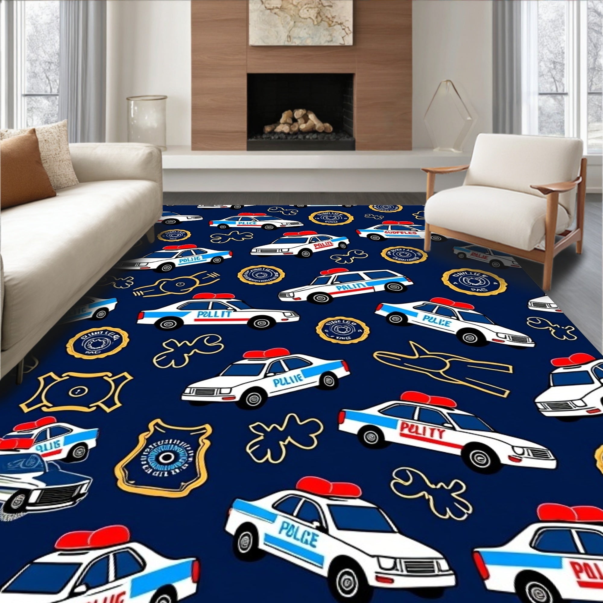 Playful Police Cars Navy Rug