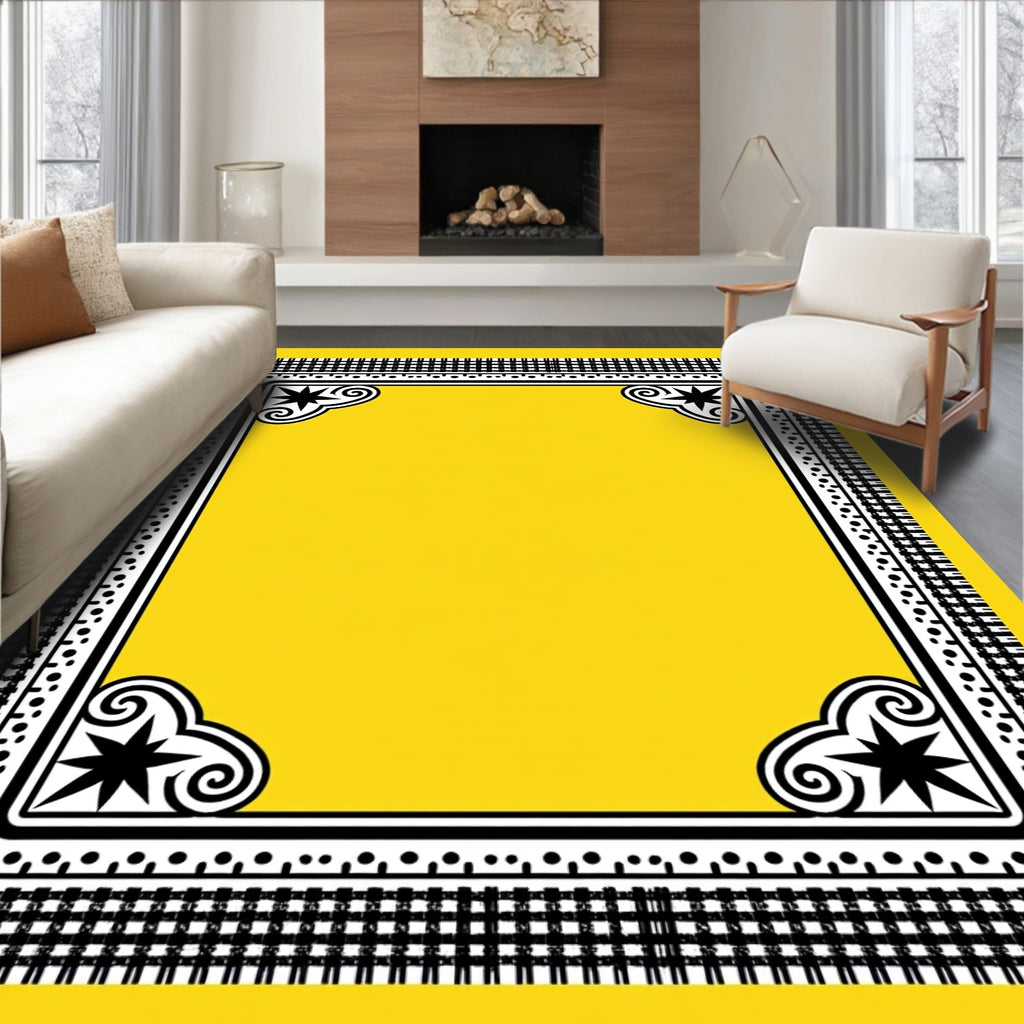 Bright Yellow Black Starburst Border Rug