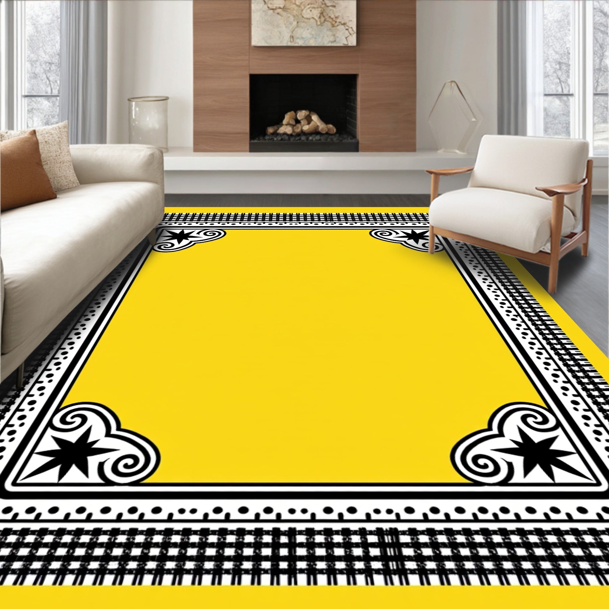 Bright Yellow Black Starburst Border Rug