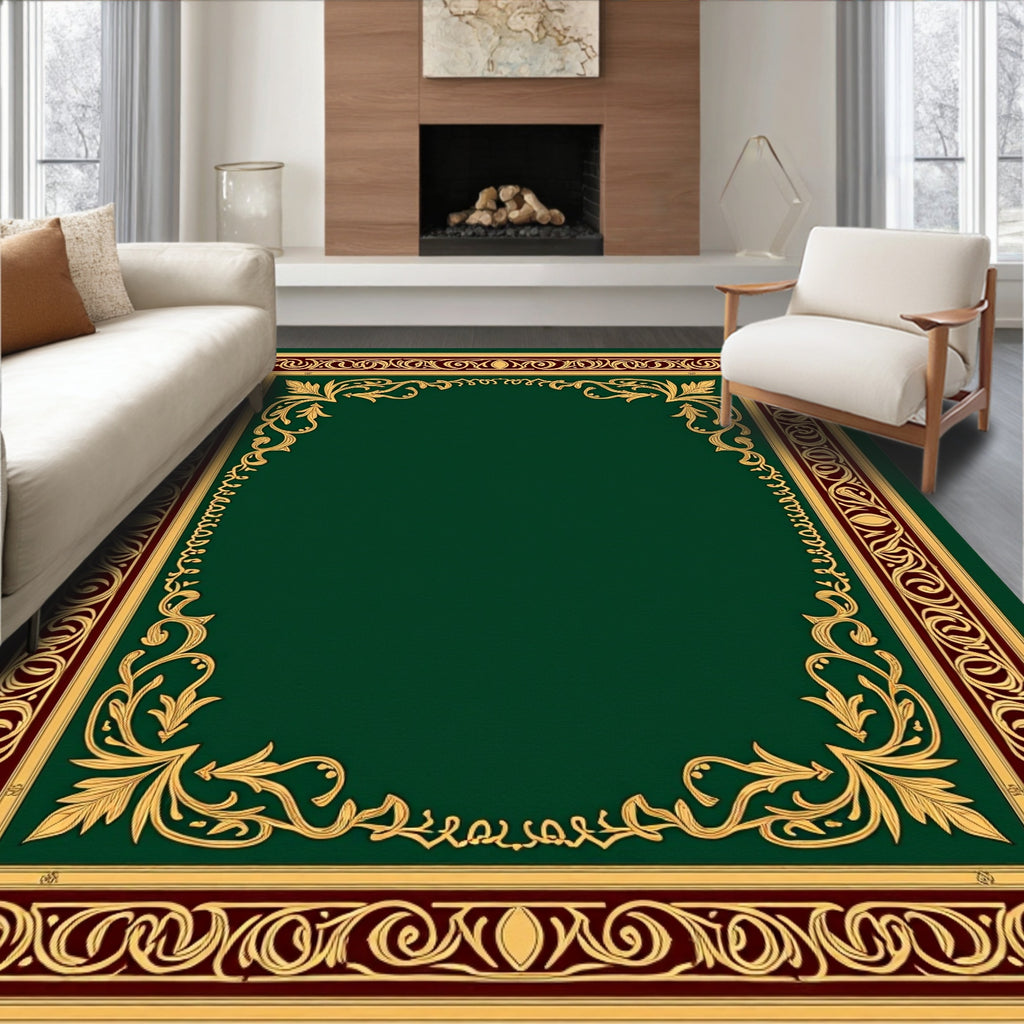 Emerald Green Gold Vine Border Rug