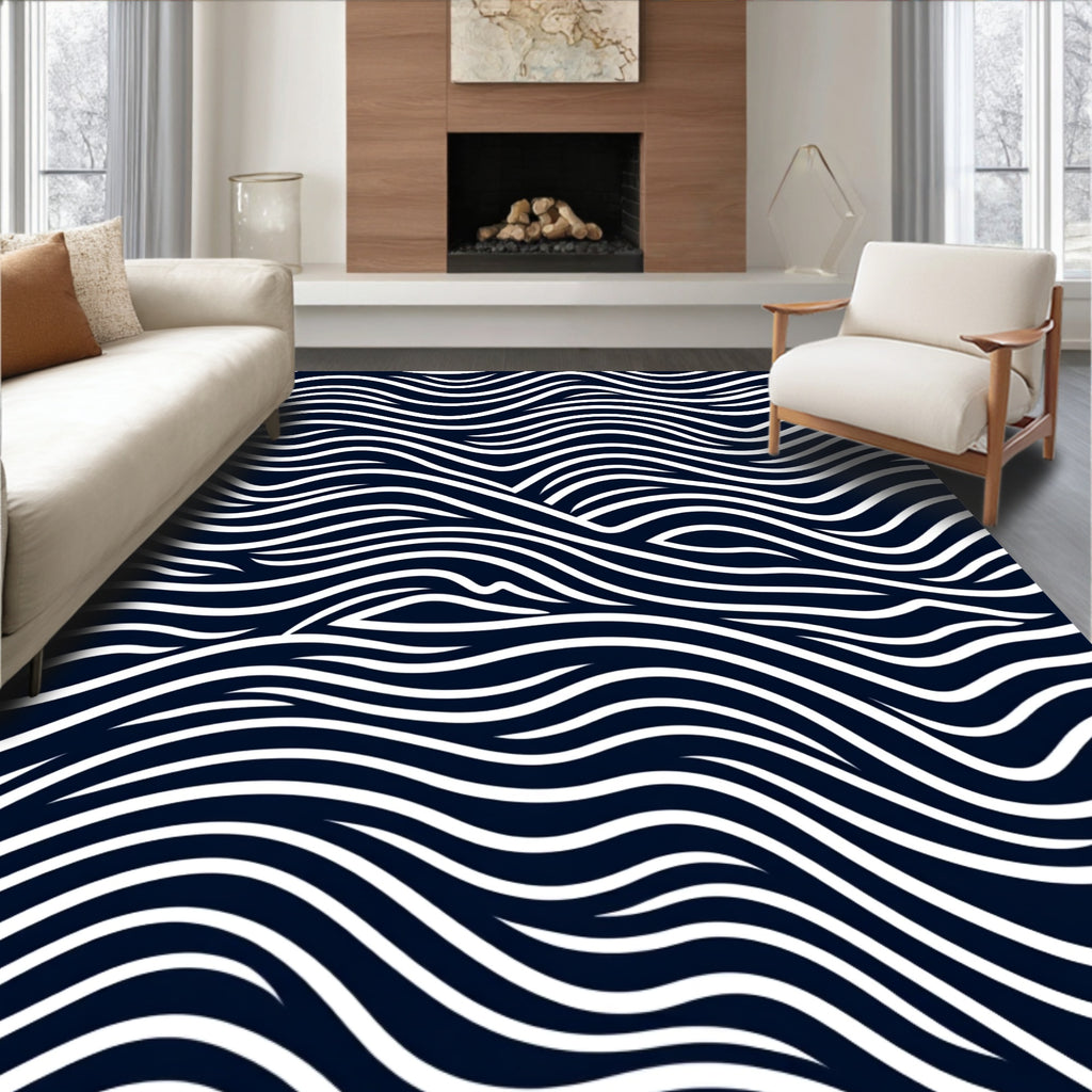 Deep Navy White Organic Wave Rug