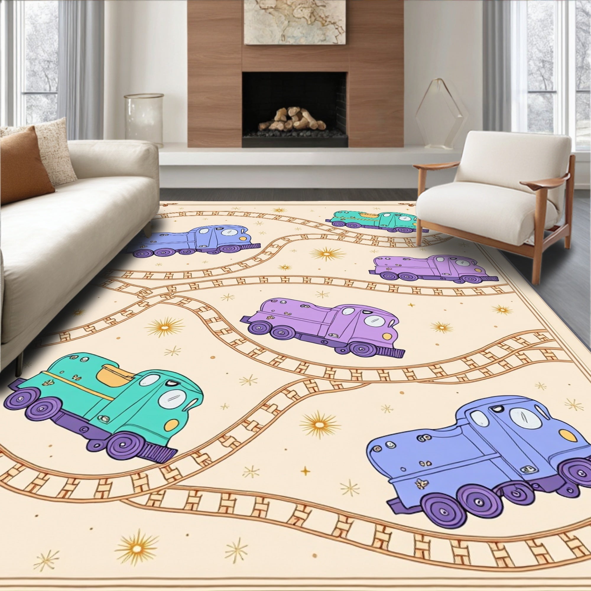 Whimsical Trains Pastel Color Palette Rug