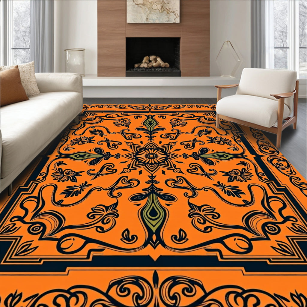 Orange Floral Medallion Border Rug