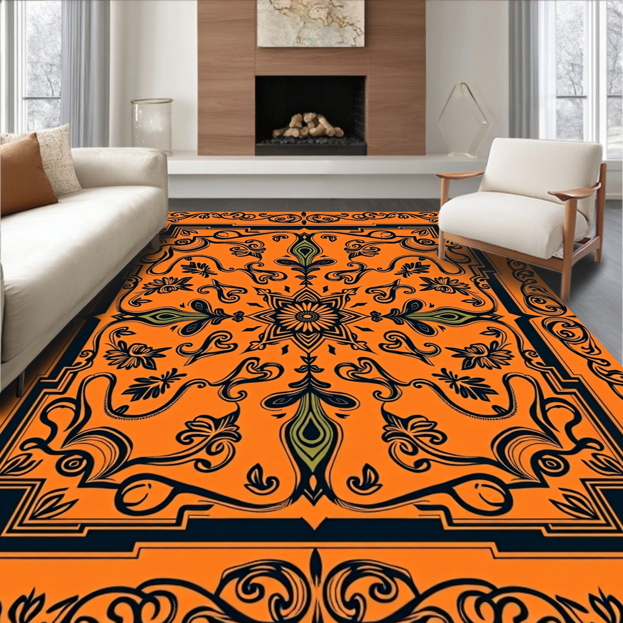Orange Floral Medallion Border Rug