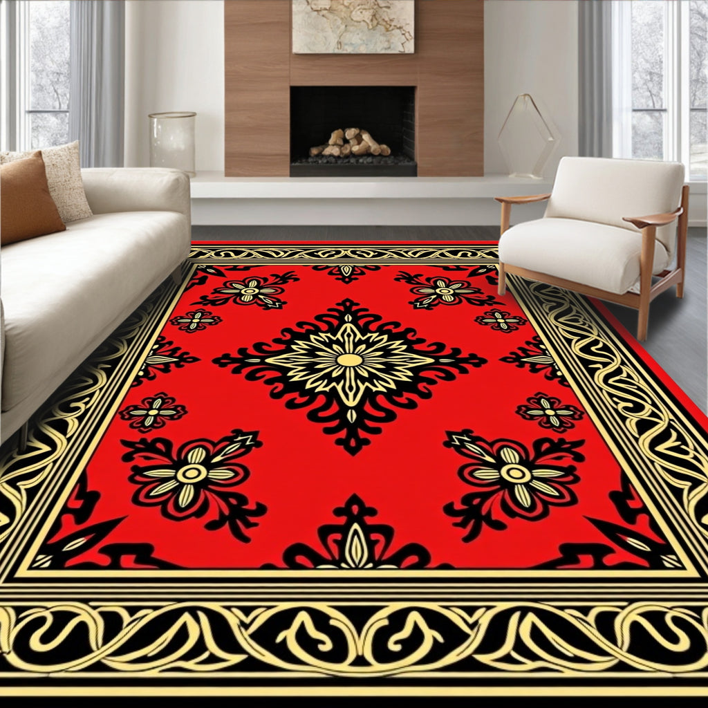 Vibrant Red Floral Medallion Border Rug