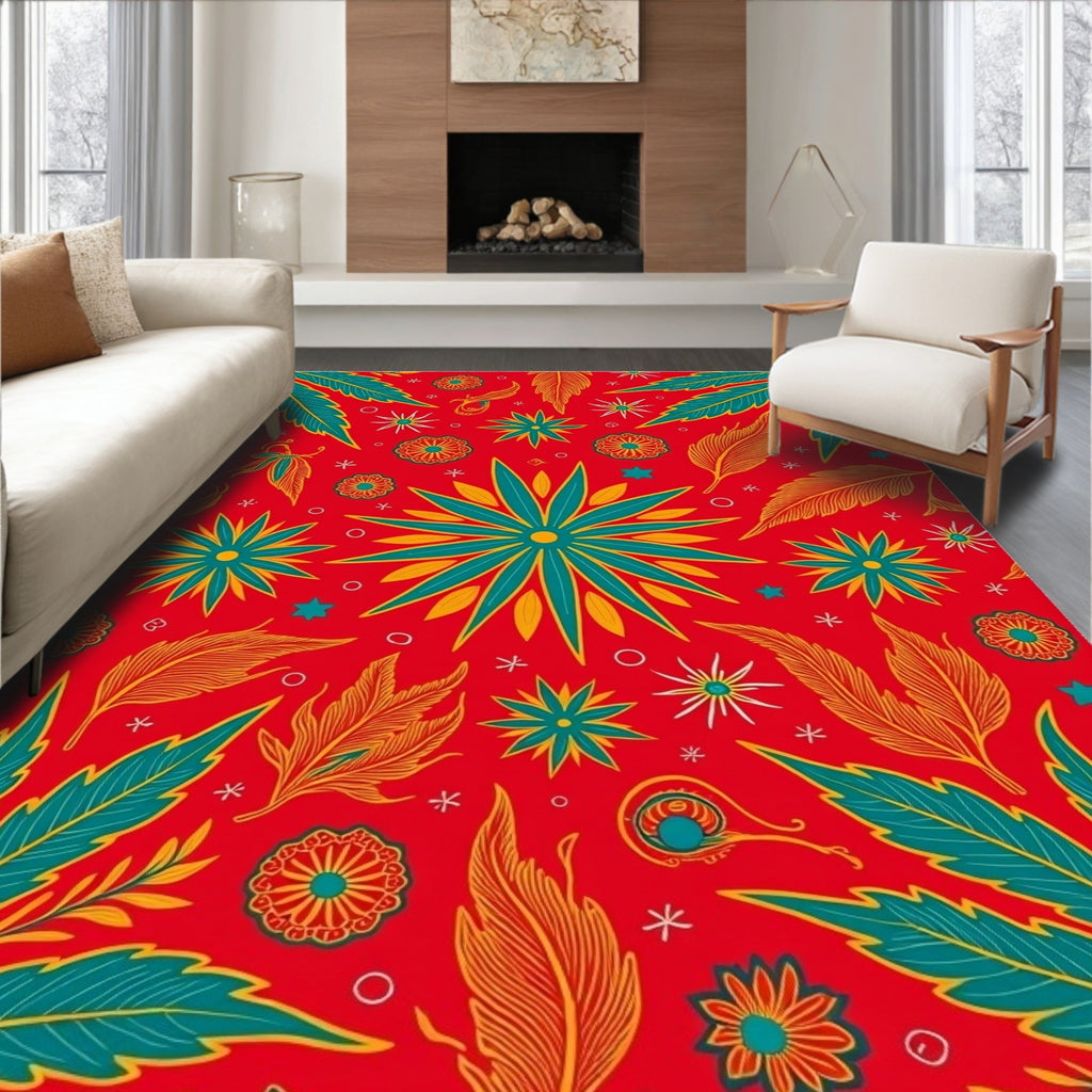 Red Teal Orange Bloom Garden Rug