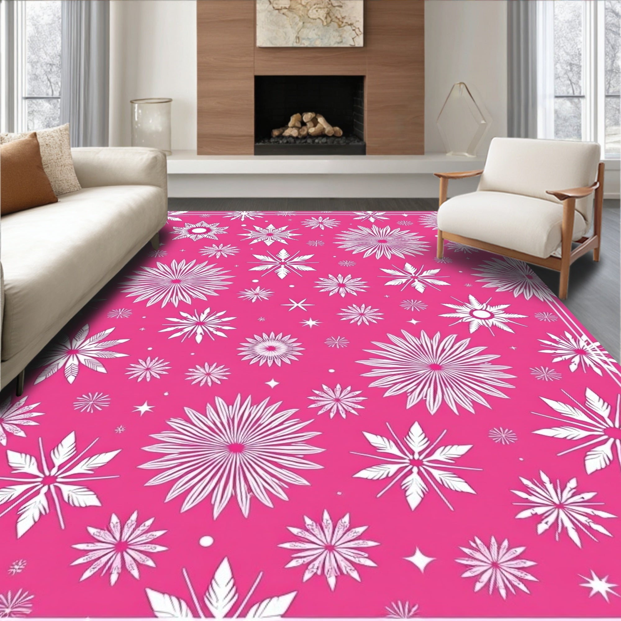 Pink Snowflake Graphic Starburst Area Rug