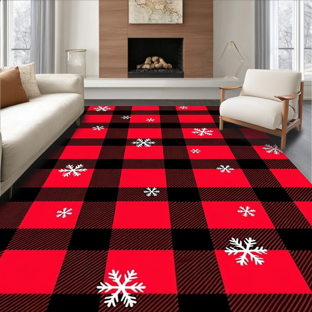 Red Black Buffalo Plaid Snowflakes Rug