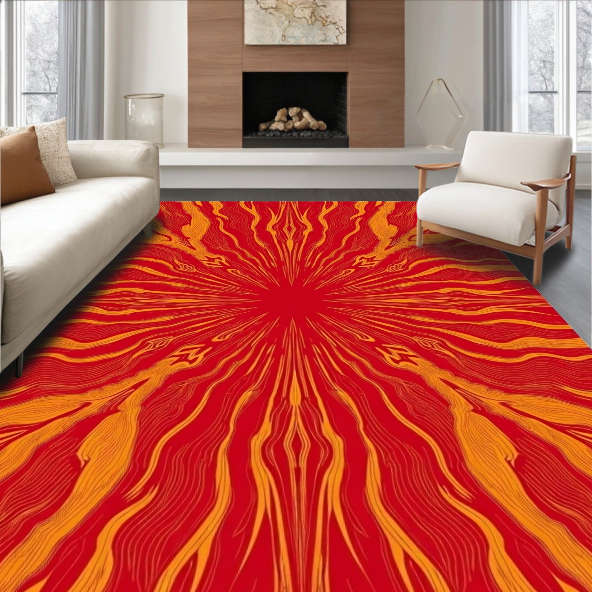 Crimson Orange Radial Burst Rug