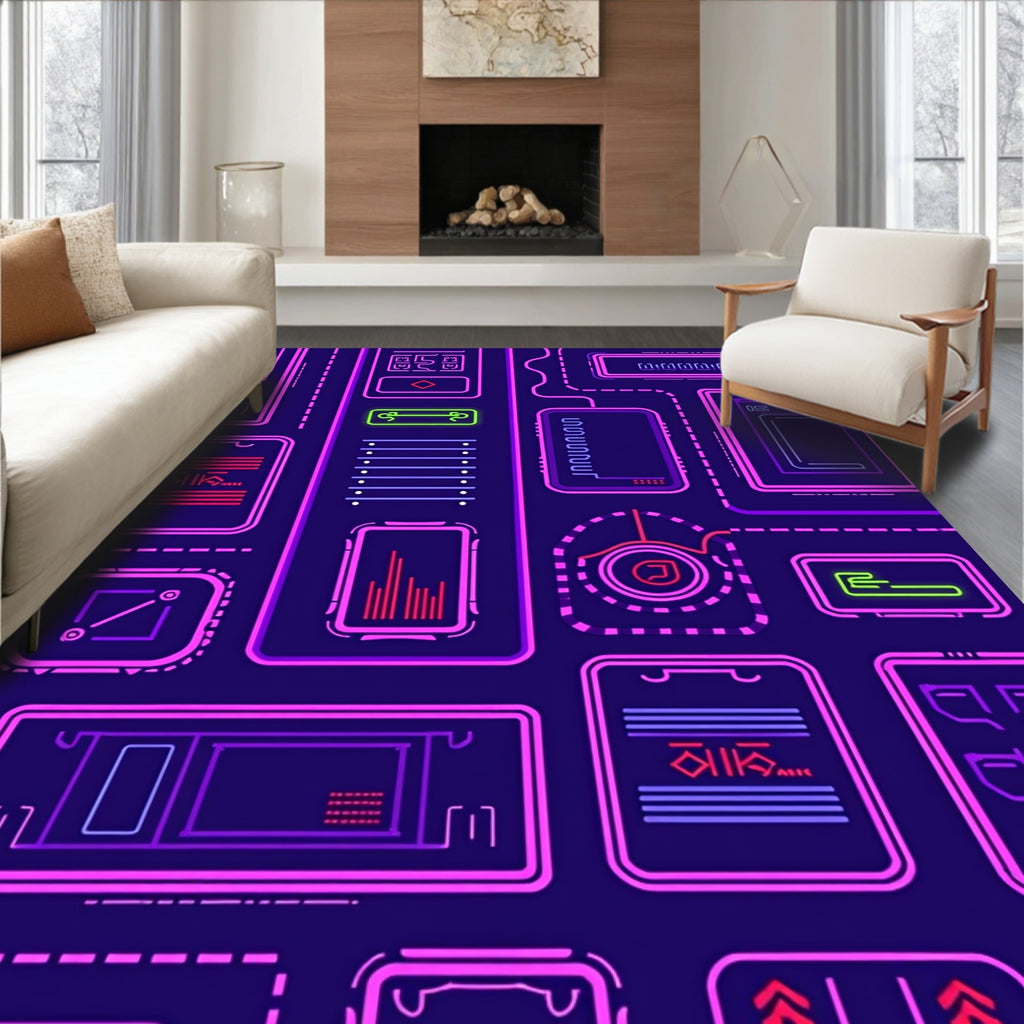 Neon Tech Circuitry Grid Rug