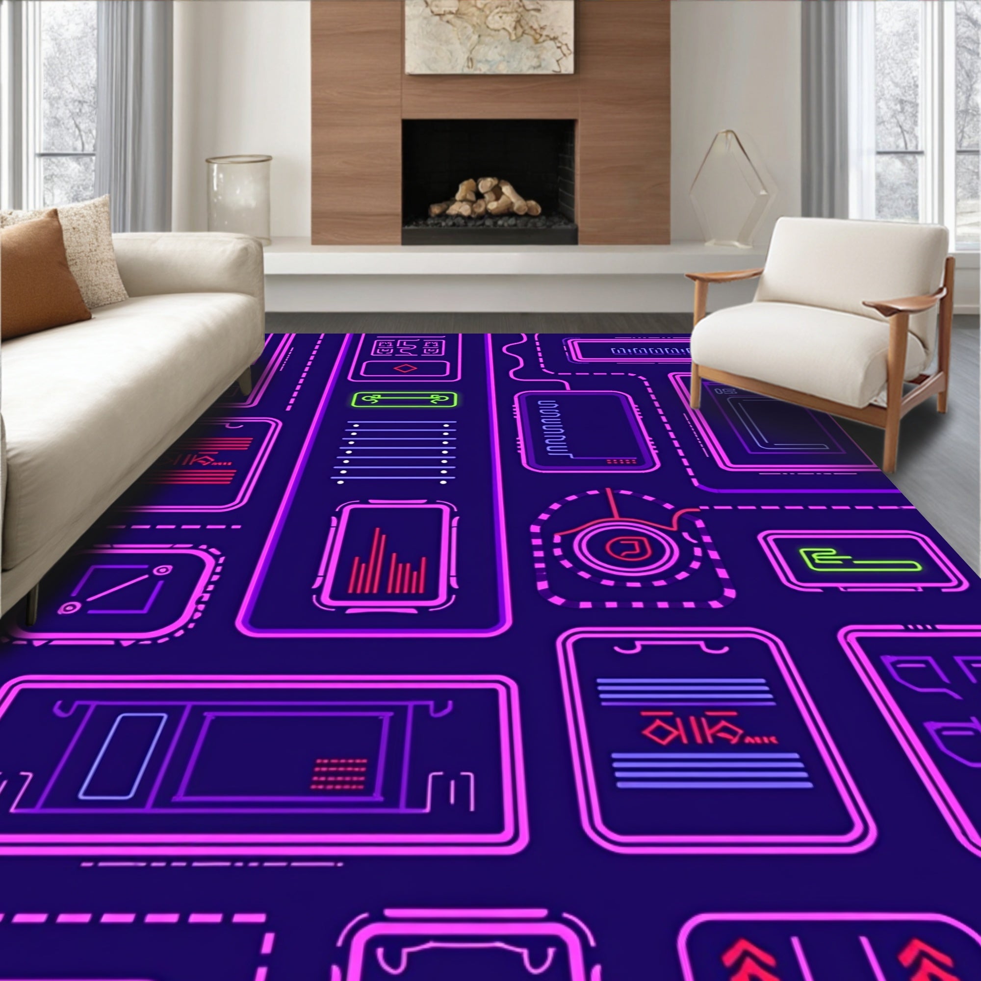 Neon Tech Circuitry Grid Rug