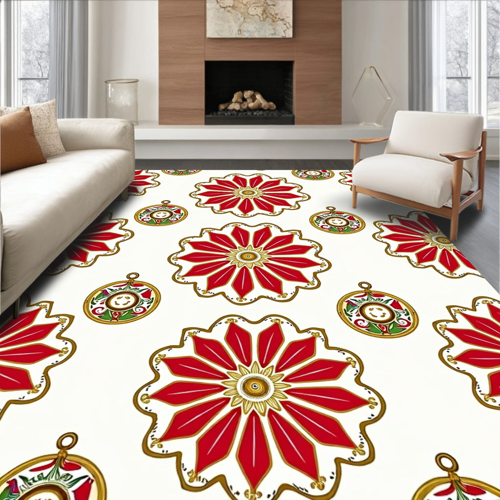 Festive Red Golden Floral Medallions Rug