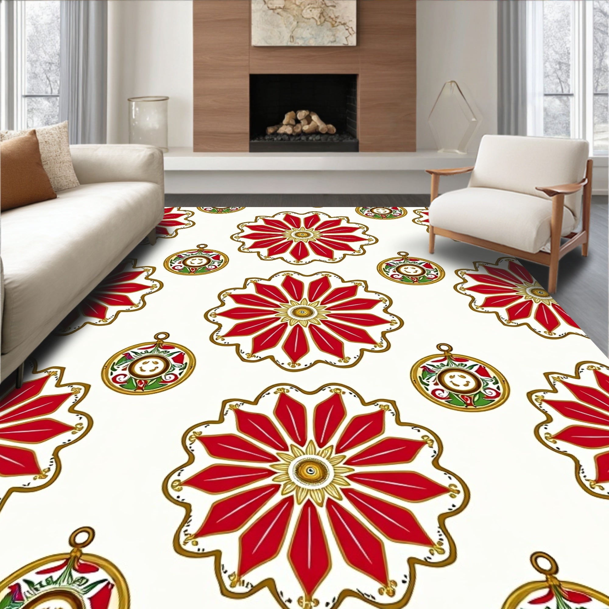 Festive Red Golden Floral Medallions Rug