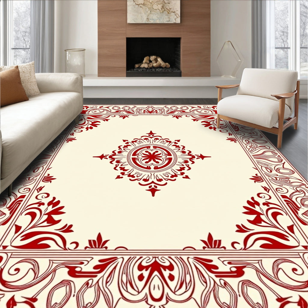 Ornate Red Floral Frame Medallion Rug