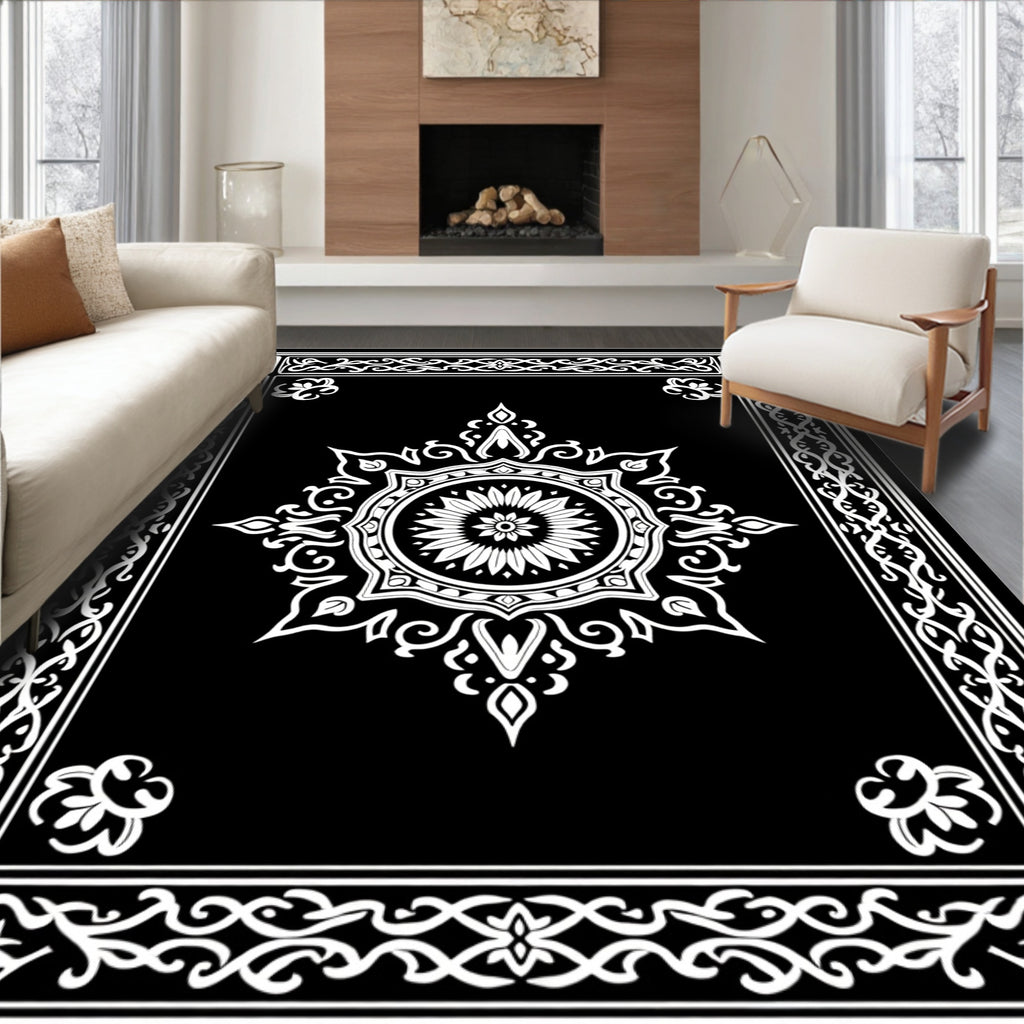 Black White Ornate Floral Medallion Frame Rug