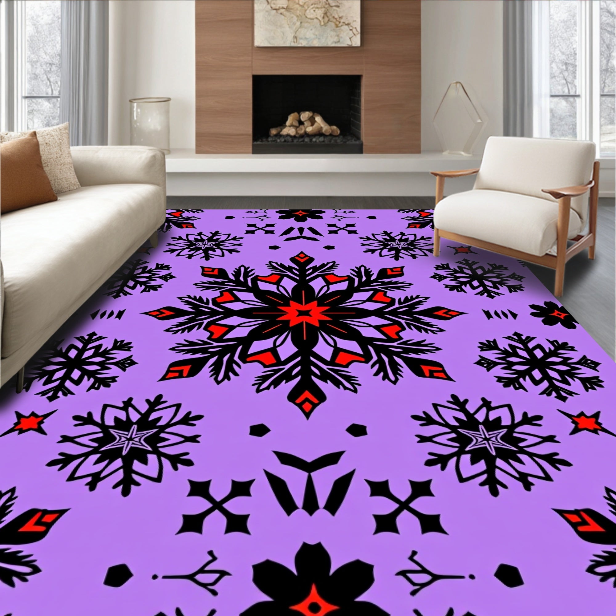 Purple Black Red Snowflake Medallion Rug
