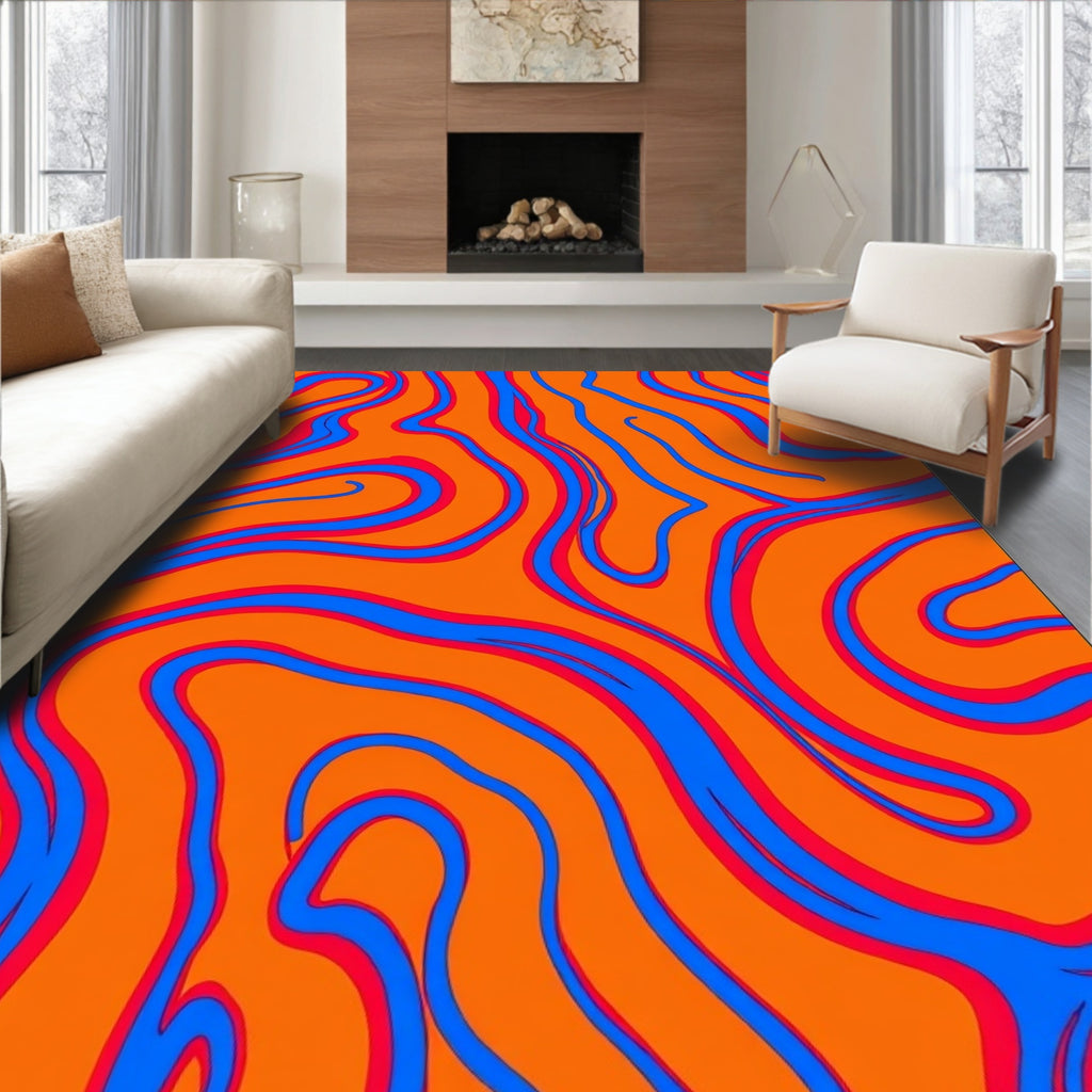 Vibrant Orange Blue Swirl Flow Rug