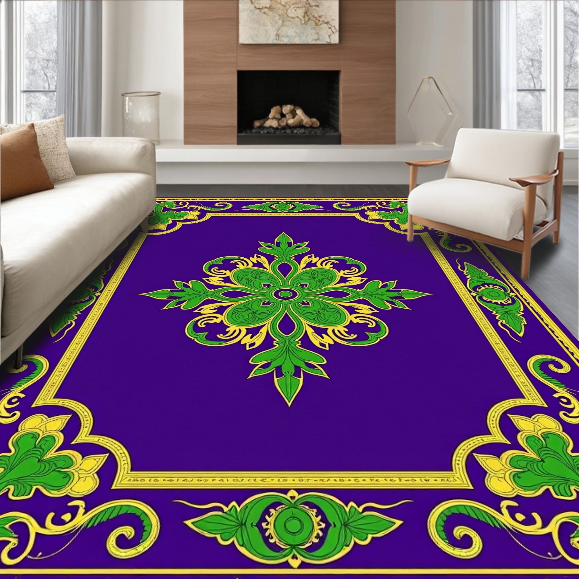 Grand Royal Purple Green Floral Scroll Rug