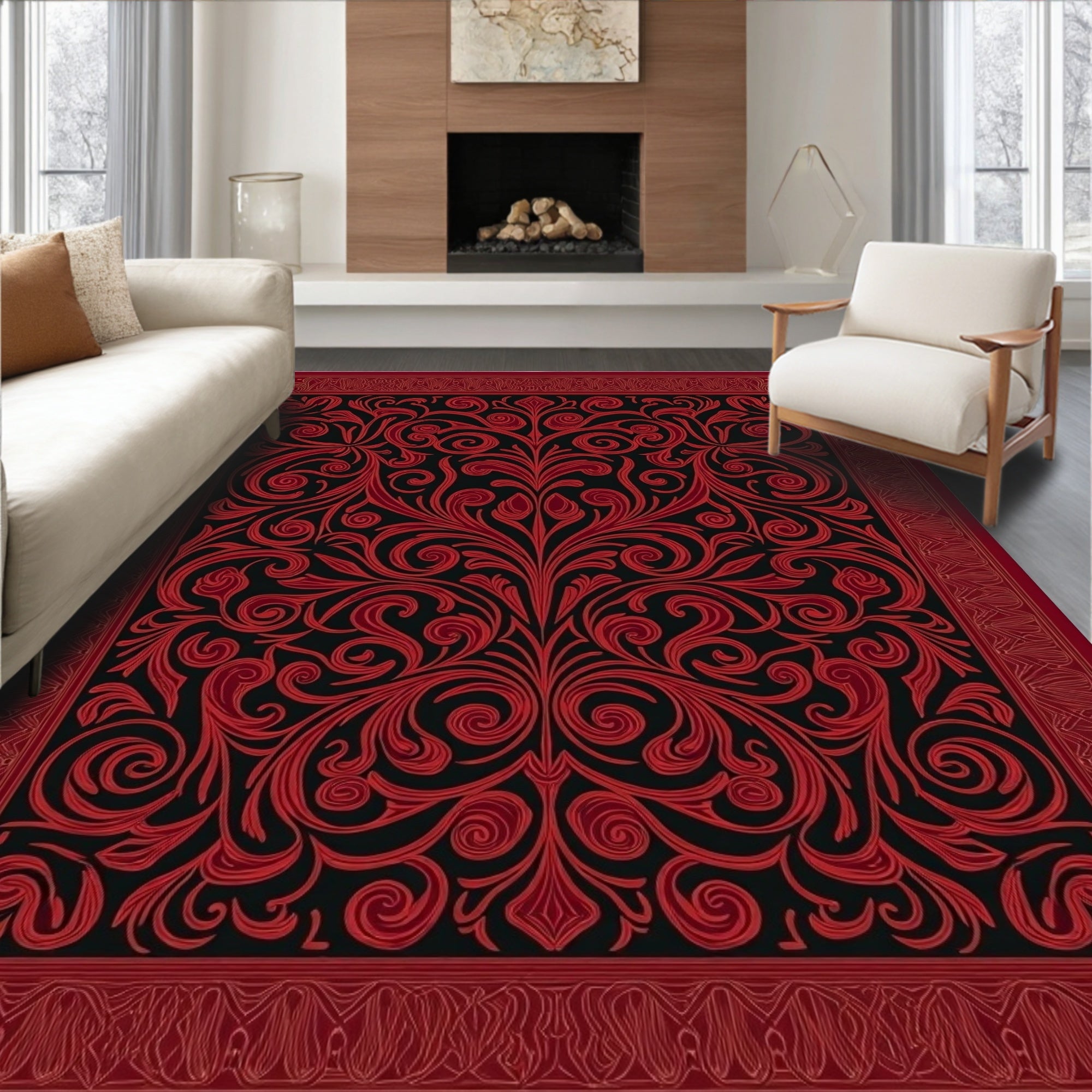 Crimson Red Ornate Scroll Border Rug