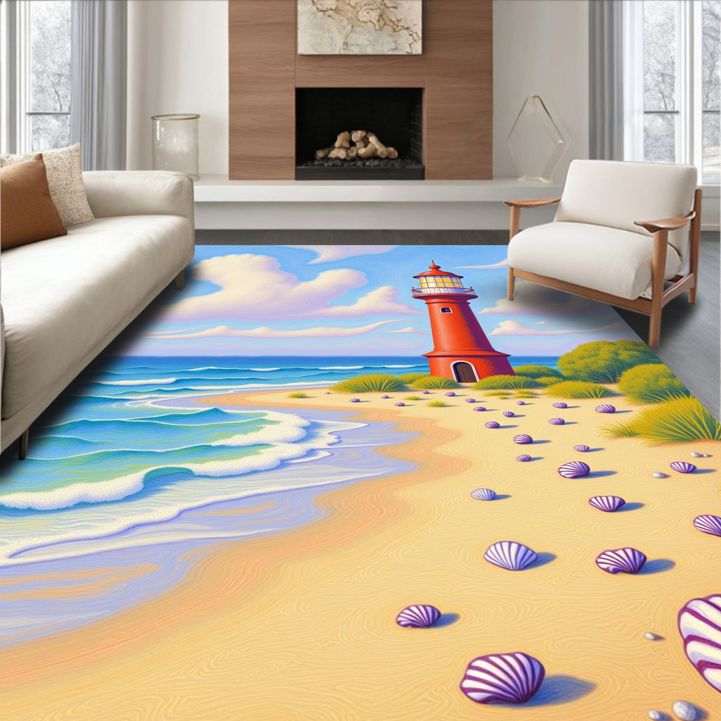 Coastal Red Lighthouse Seashell Beach Scene Rug