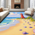Coastal Red Lighthouse Seashell Beach Scene Rug