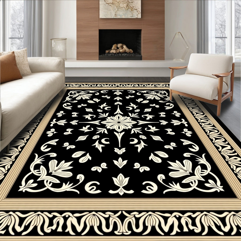Cream Floral Border on Black Rug