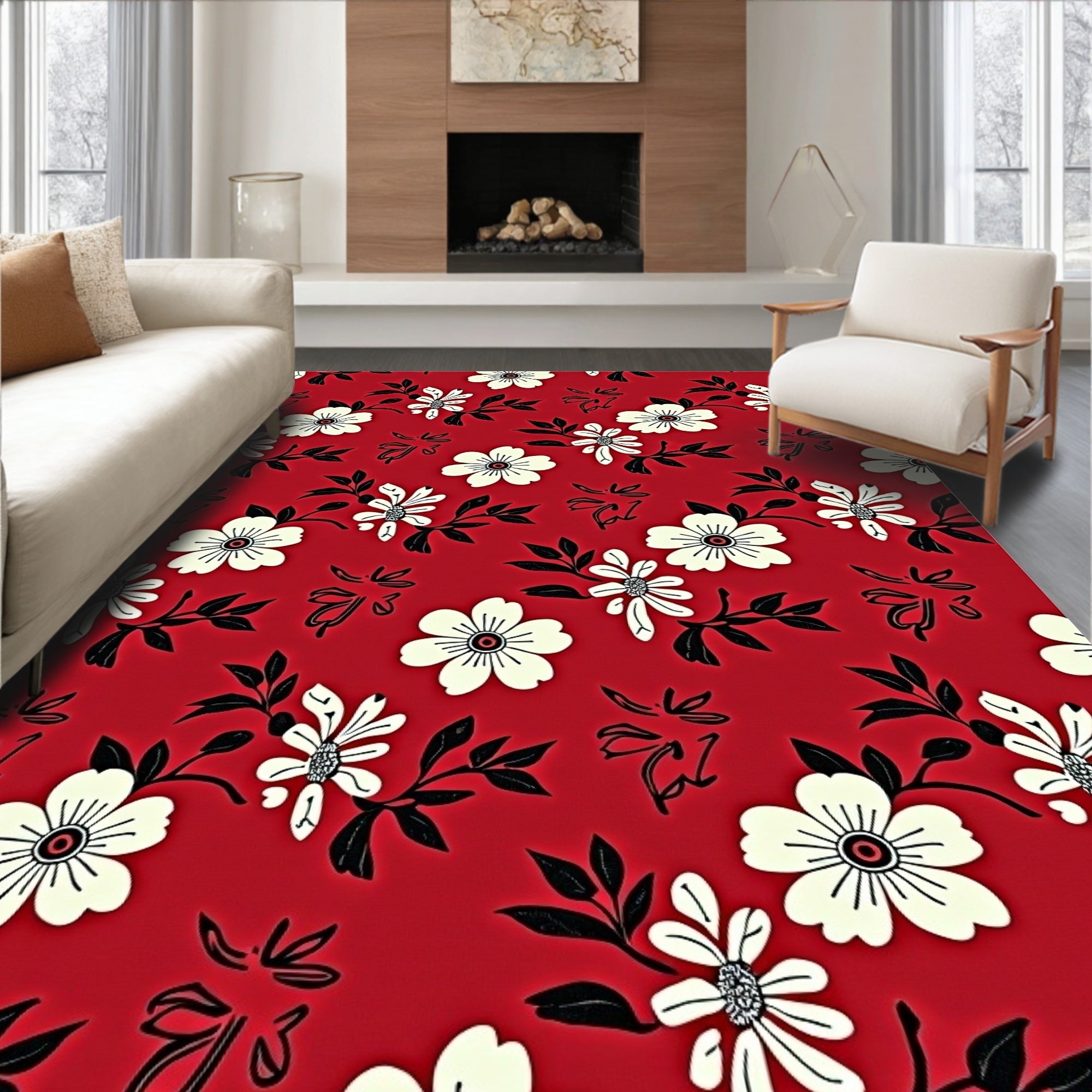 Crimson Floral Vines Delight Rug