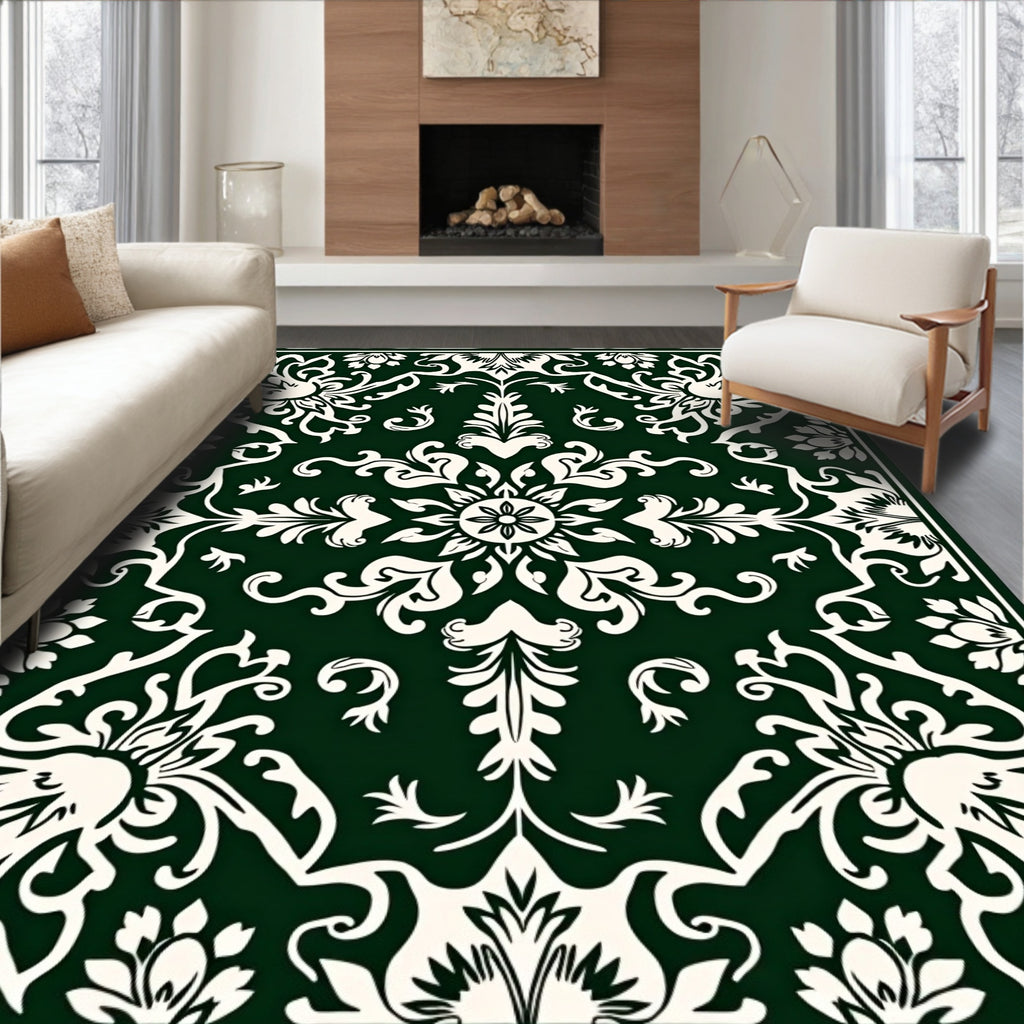 Dark Green and Cream Acanthus Scroll Rug