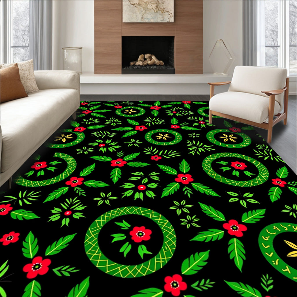 Bold Red Green Floral Circle Medallion Rug