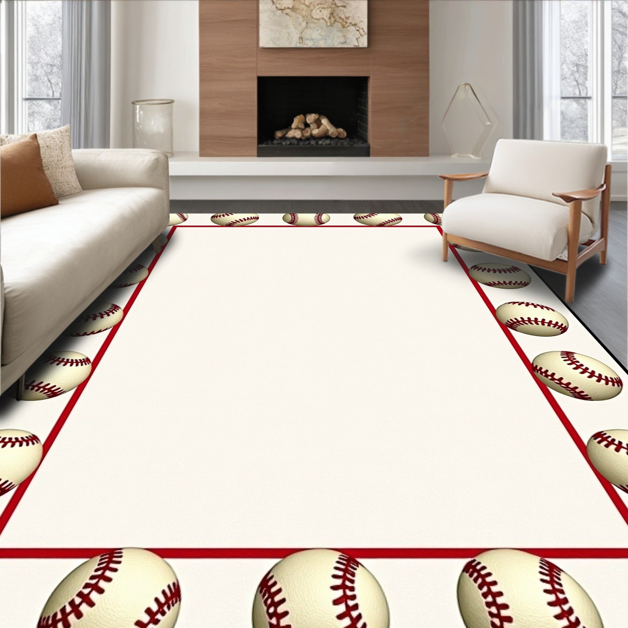 Classic Baseball Border Cream Rug