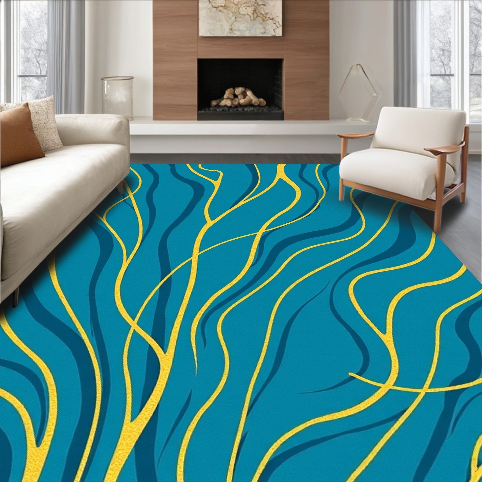 Teal Gold Wavy Line Abstract Rug