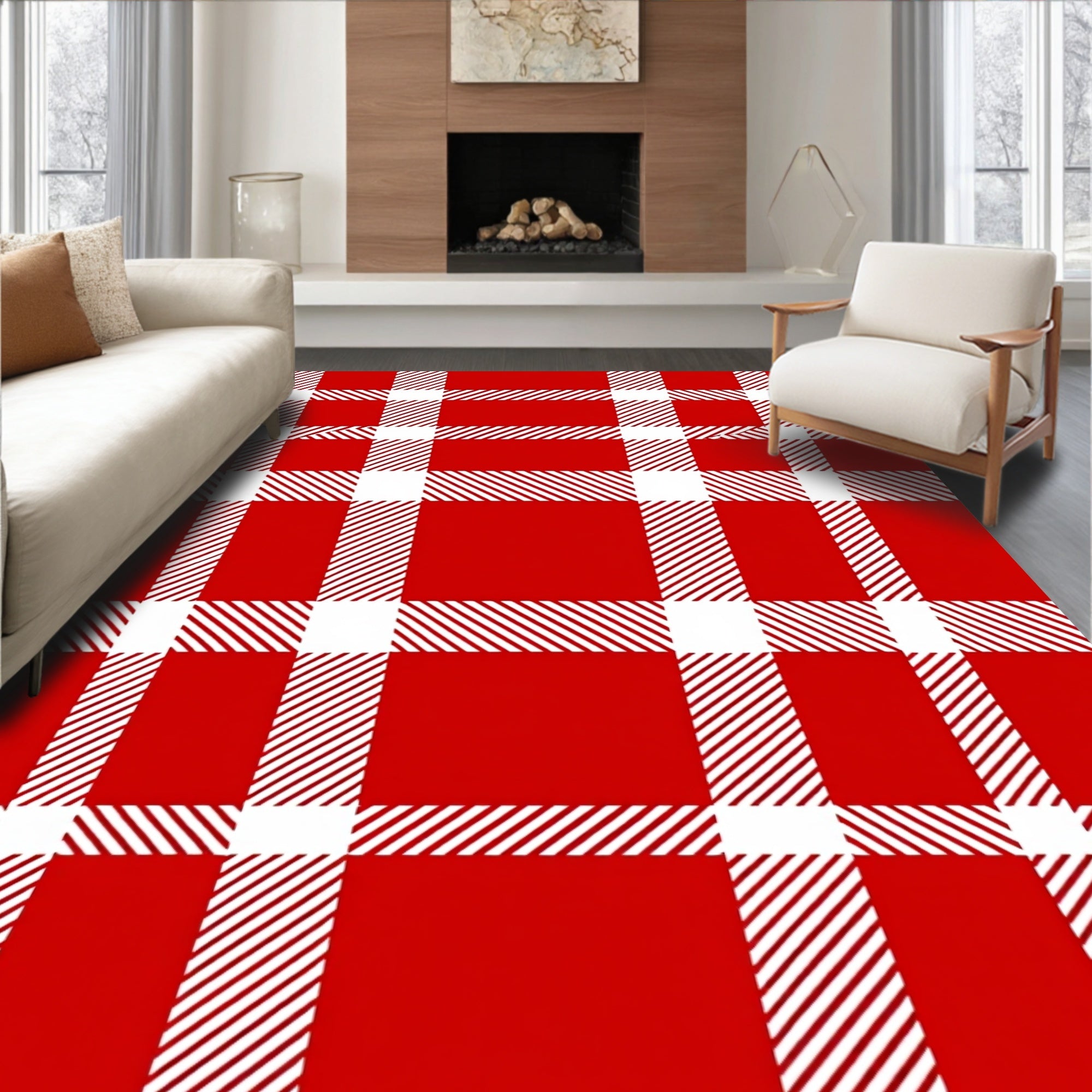Classic Red White Plaid Check Rug