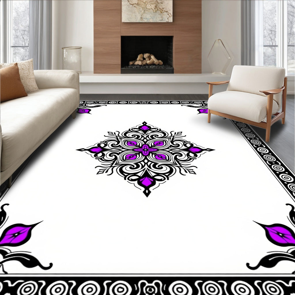 Ornate Purple Black Medallion Border Rug