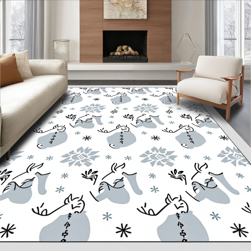 Whimsical White Blue Horse Flora Rug