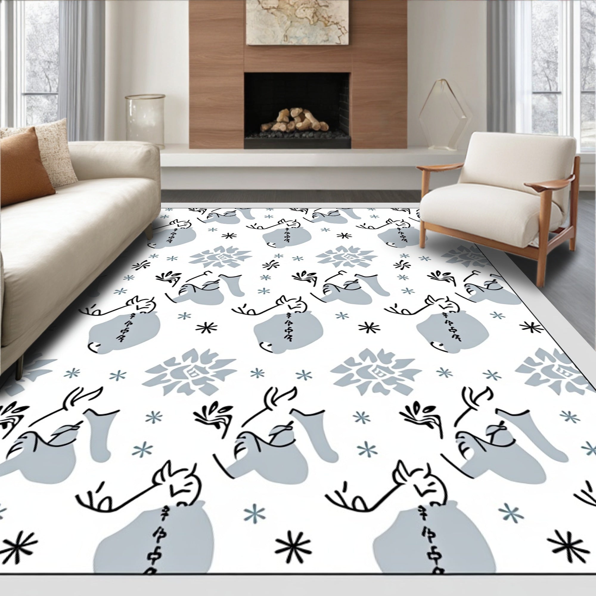 Whimsical White Blue Horse Flora Rug