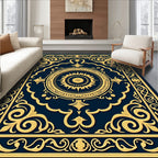 Ornate Golden Sunburst Navy Medallion Rug