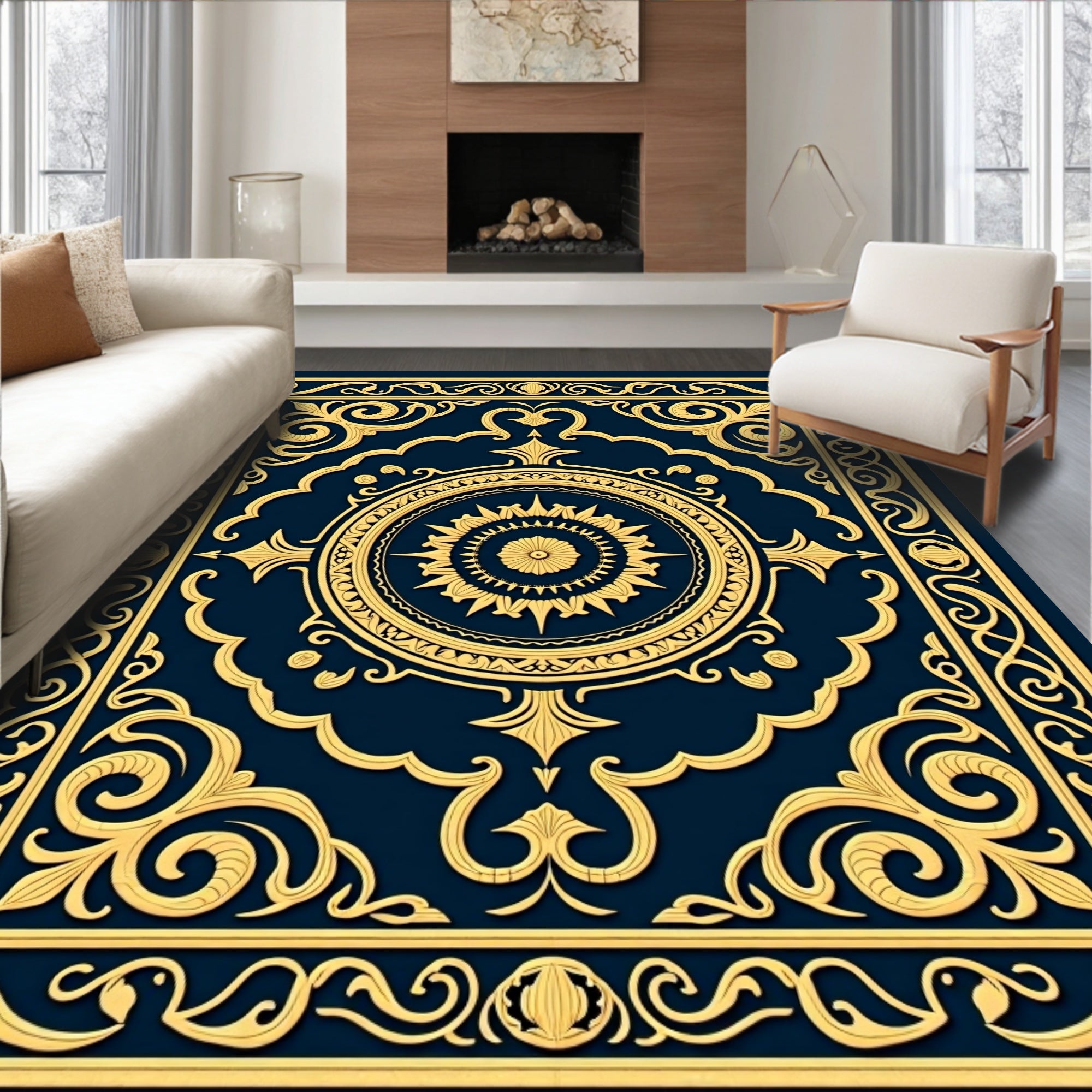 Ornate Golden Sunburst Navy Medallion Rug