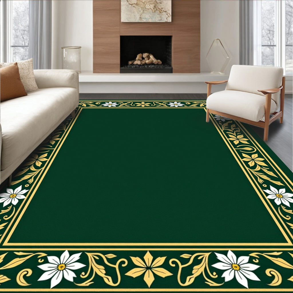 Elegant Green Golden Floral Border Rug
