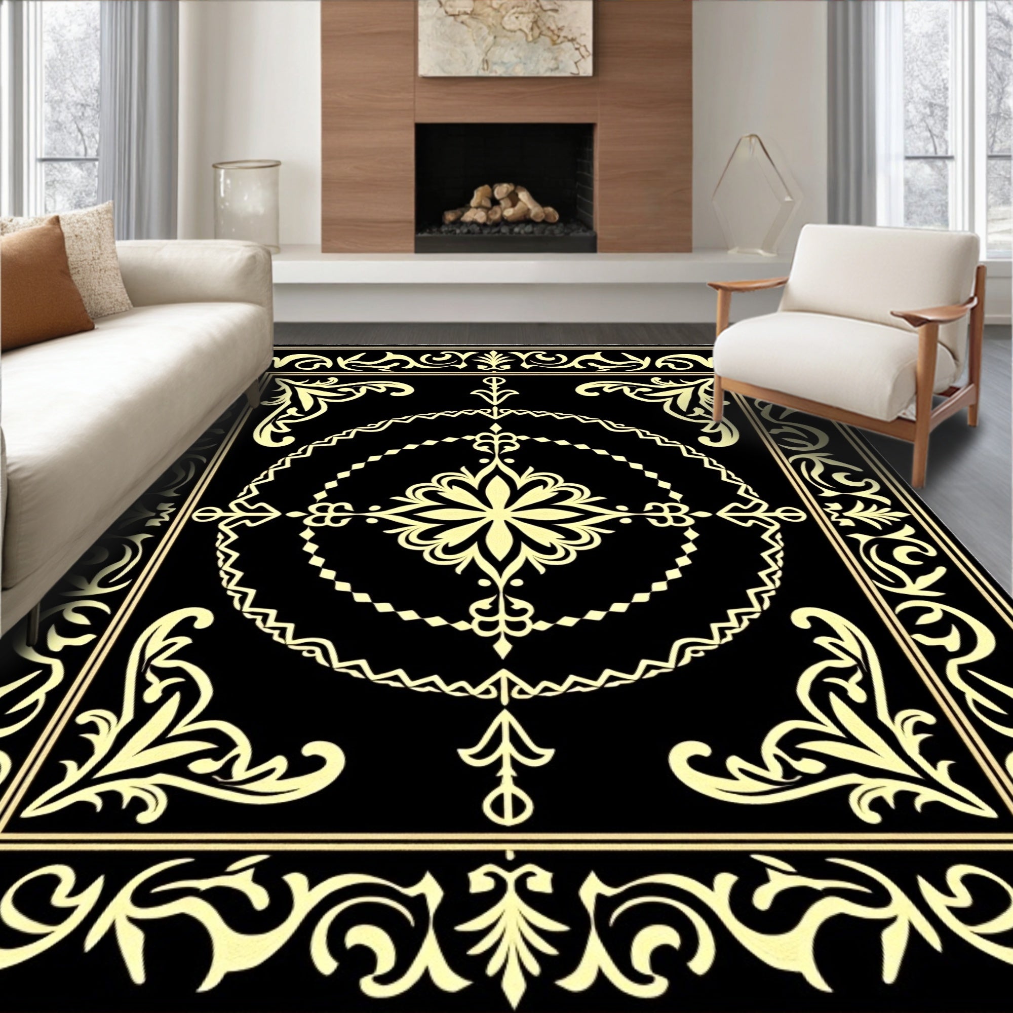 Ornate Golden Floral Medallion Black Rug