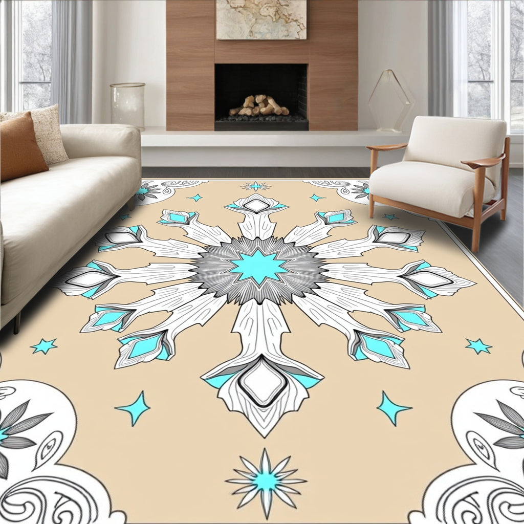 Icy Blue Geometric Snowflake Medallion Rug